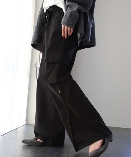 45R ダブルクロスストレッチ 桃比女 パンツ カーゴ テーパード ブラウン 女っぽワークテイスト。裾ドロスト2wayワークパンツ カーゴ