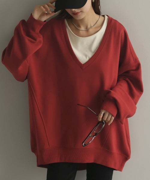 【新品同様】ロングシーズン着れる！深Vスウェット HUG.U トップス 深V スウェット 体型カバー レディース