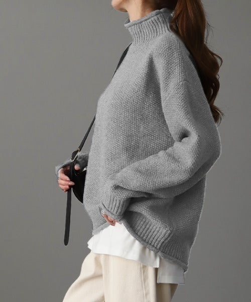 チクチクしない 「 鹿のこニット 」 ニット ■一部1月中旬入荷 タートルネック タートルニット レディース セーター トップス 長袖 ハイネック ハイネックニット 肉厚 体型カバー タートル ゆったり 鹿のこ リブ 凸凹 無地 ナチュラル コクーン ブラック 春 夏 HUG.U