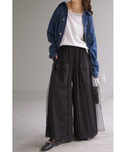 パンツ スカーチョ ワイドパンツ チュール 異素材 レディース