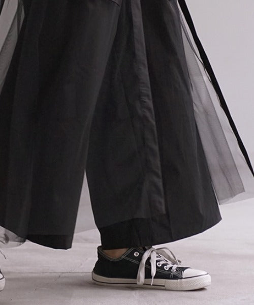 パンツ スカーチョ ワイドパンツ チュール 異素材 レディース