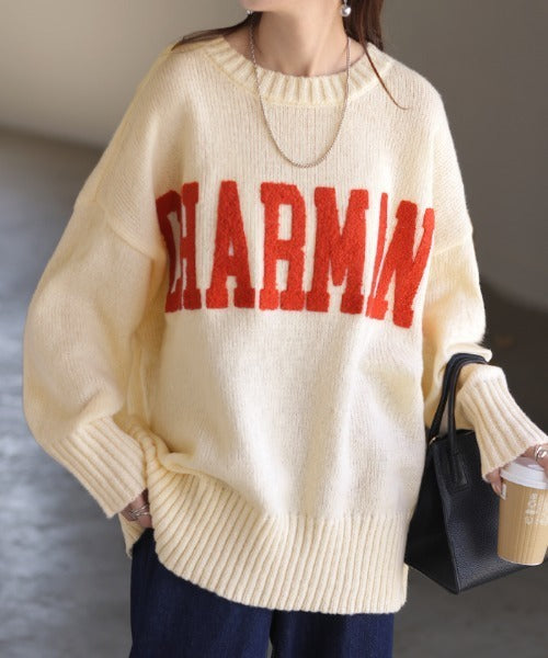 ニット ロゴ 刺繍 チュニック ロング トップス セーター