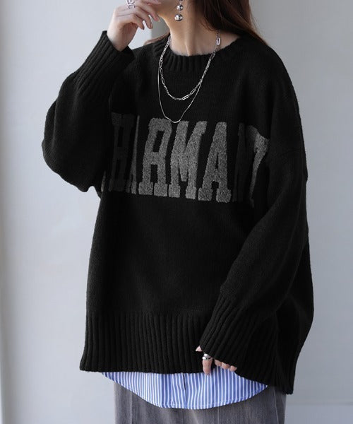 ニット ロゴ 刺繍 チュニック ロング トップス セーター