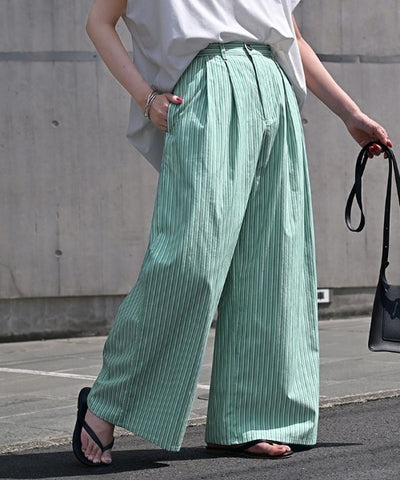 パンツ ワイド ストライプ 綿100 レディース ワイドパンツ 柄 ロング ロングパンツ 薄手 体型カバー ボトムス ボトム ストレート ズボン ゆったり ハイウエスト ストレッチ 美脚 大きいサイズ コットン カジュアル きれいめ 黒 白 春 夏 HUG.U
