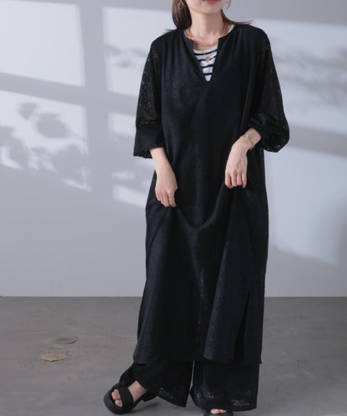 plus X■タッセルレース ロング丈 ワンピース CL0463 シアーニットロングワンピース＜大きいサイズ有＞シックスタイル
