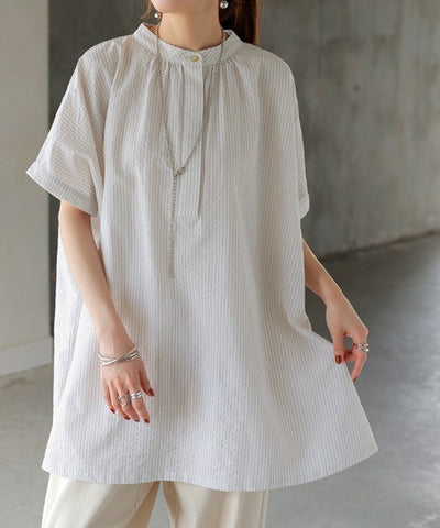 シャツ ストライプ ノーカラー レディース トップス バンドカラー ブラウス ロング ロングシャツ チュニック キーネック 風 半袖 無地 羽織 きれいめ コットン ゆったり 大きいサイズ オーバーサイズ 体型カバー お尻が隠れる 青 黒 春 夏 HUG.U メール便