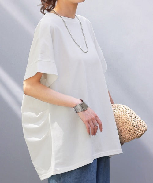 Tシャツ 接触冷感 トップス 涼しい 薄手 チュニック ロング レディース タック カットソー Uネック ティーシャツ 変形 長い 半袖 ゆったり 変形シルエット 白T コクーン 長め 無地 お尻が隠れる ビッグ 大きいサイズ 白 ネイビー 黄色 春 夏 HUG.U メール便