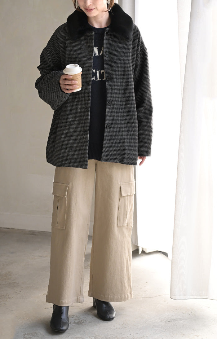 アウター ジャケット 千鳥格子 ファー襟 レディース コート ロング
