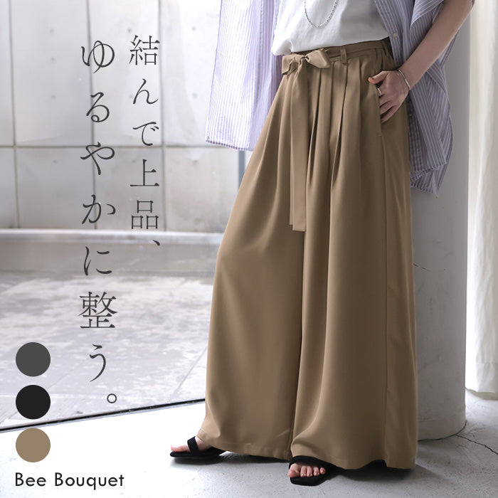 視線を奪う大人リボン」 パンツ ワイド タック ボトムス レディース