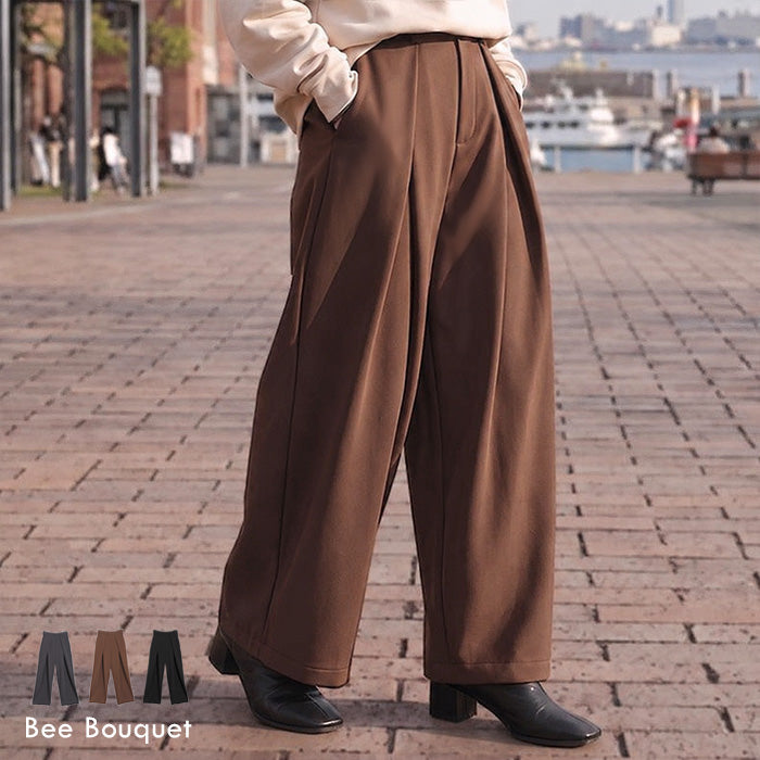 「ラクなのに、きれい見え。」 ポンチタックパンツ レディース パンツ ワイドパンツ タックパンツ 変形タック ポンチ ストレッチ ウエストゴム ゆったり 体型カバー 美シルエット きれいめ セットアップ可 オフィス 大人カジュアル 秋 冬 Bee Bouquet