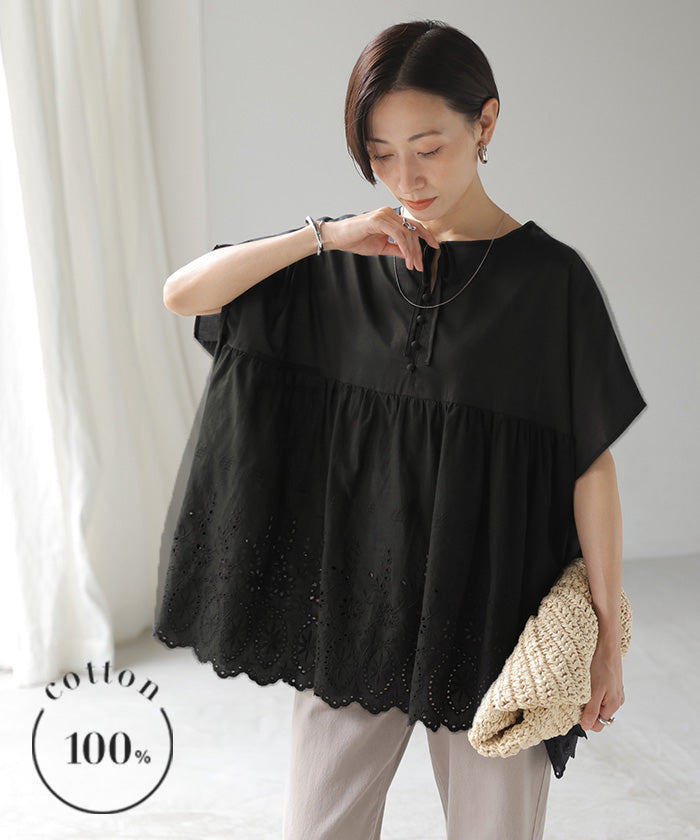 贅沢刺繍で華やぐ大人ブラウス」 ブラウス 綿100 ポンチョ レース 