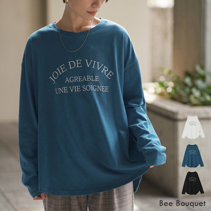「大人にちょうどいい、ロゴT。」 ロゴTシャツ レディース 長袖 ロンT 綿100％ コットン クルーネック 前後差 ラウンドヘム ゆったり レイヤード 大人カジュアル 白 ブルー 黒 秋 冬 春 Bee Bouquet メール便