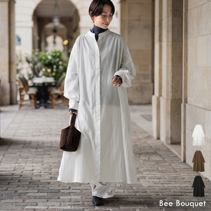 「一枚で終わらない。重ねるほど、着こなしが広がる。」 バンドカラーシャツワンピース レディース ワンピース シャツワンピ ロング 長袖 前開き 羽織り 2WAY サイドボタン スリット レイヤード ゆったり 体型カバー ホワイト ブラウン ブラック 秋 冬 春 Bee Bouquet