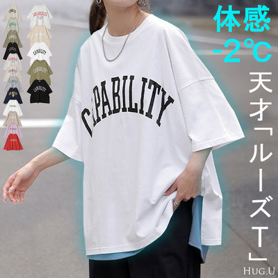 ロゴT 「理想の オーバーサイズ」ロゴ ロンT レディース カットソー ■一部8月中旬入荷 長袖 Tシャツ ロング チュニック ビッグ プリント 二の腕カバー ドルマン 大きいサイズ きれいめ トップス 体型カバー 大人 お洒落 黒 白 春 夏 HUG.U メール便