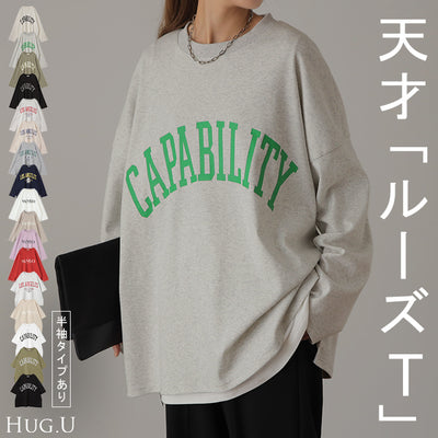 ロゴT 「理想の オーバーサイズ」ロゴ ロンT レディース カットソー 長袖 Tシャツ ロング チュニック ビッグ プリント 二の腕カバー ドルマン 大きいサイズ きれいめ トップス 体型カバー 大人 お洒落 黒 白 春 夏 HUG.U メール便