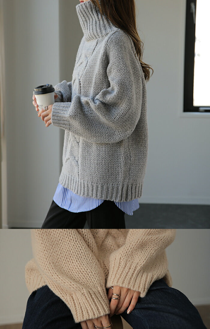 ざっくり「 手 編 み 」 ハンドメイド ニット タートルネック タートル