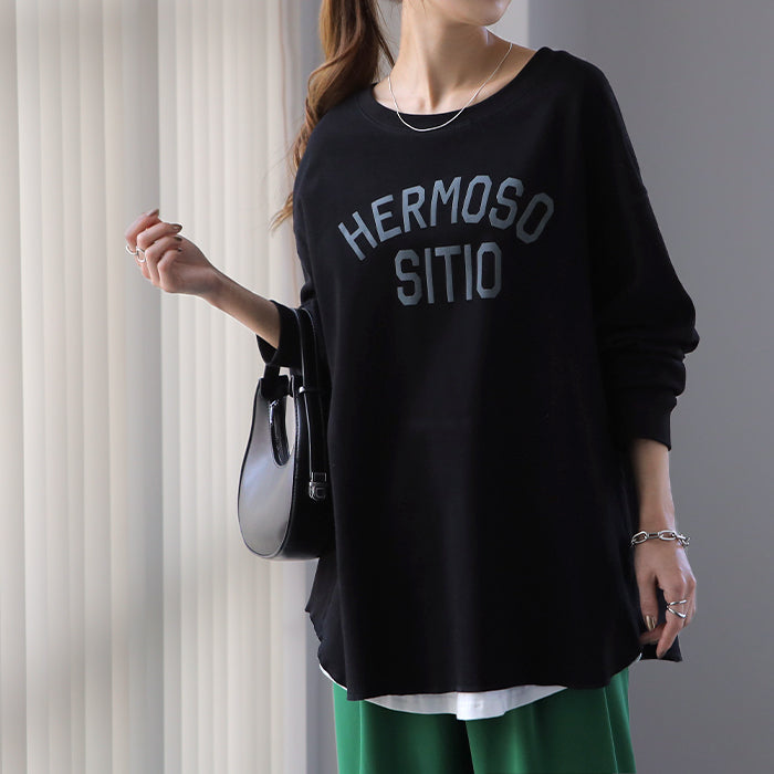 ロゴ ゆったり 「大人 お洒落 ロンT」 綿 レディース カットソー ロゴT ロゴティー 長袖 Tシャツ ロング チュニック ビッグ プリント ドルマン 大きいサイズ きれいめ 体型カバー シンプル お尻が隠れる 黒 白 春 夏 HUG.U メール便