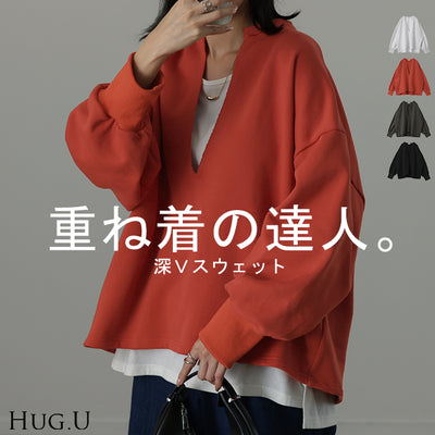 か・た・ち「 深V スウェット 」 体型カバー レディース トレーナー トップス レイヤード チュニック 大きいサイズ Vネック ドロップショルダー スエット プルオーバー ロング キーネック ビッグシルエット ぽわん袖 長袖 黒 春 夏 HUG.U