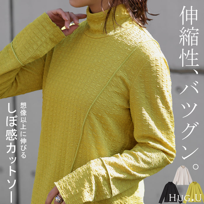 ロンT しぼ感 カットソー トップス レイヤード レディース ハイネック インナー パイピング 長袖 Tシャツ 無地 透け 重ね着 薄手 タートル きれいめ シアー シアーインナー ストレッチ タートルネック 体型カバー 大きいサイズ ブラック 春 夏 HUG.U メール便