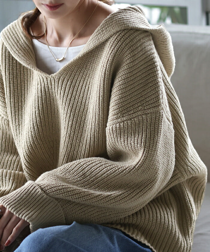 深V 「 ざっくり ルーズ ニット 。」 フード ニットパーカー