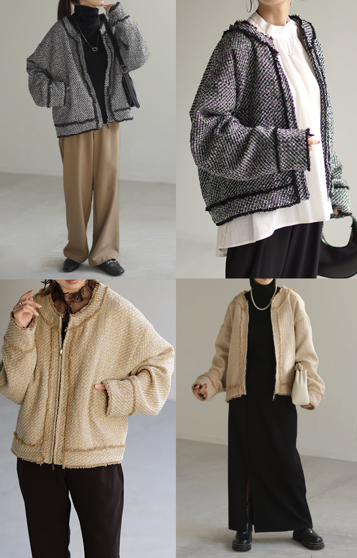 ジャケット ツイード ノーカラー ジャスト丈 ブルゾン ツイード