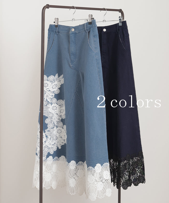 スカート デニム ロング レース 花柄 □一部5月中旬入荷 刺繍