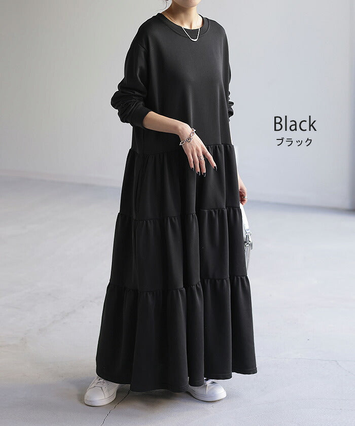 グレー 長袖 ティアード ワンピース ワンピ ティアード スウェット ワンピース ロングワンピース スエット