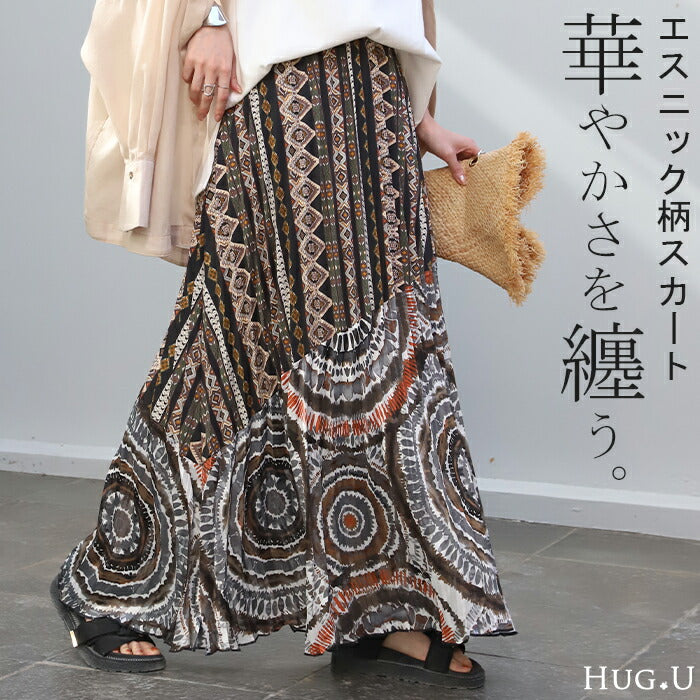 スカート エスニック 柄 プリーツ ロングスカート プリーツスカート ボトムス エスニック柄 シフォン レディース Aライン マキシ マキシスカート フレア フレアスカート ロング ゴム 長い 総柄 Aラインスカート ゆったり 薄手 体型カバー 黒 春 夏 HUG.U