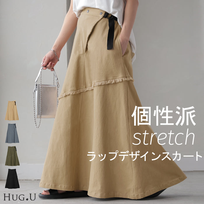 スカート Aライン ラップ チノ チノスカート Aラインスカート レディース フレア フレアスカート ボトムス ロングスカート ロング アシメ マキシ マキシスカート フリンジ ゴム マーメイド 大きいサイズ ゆったり ストレッチ 黒 カーキ 春 夏 HUG.U