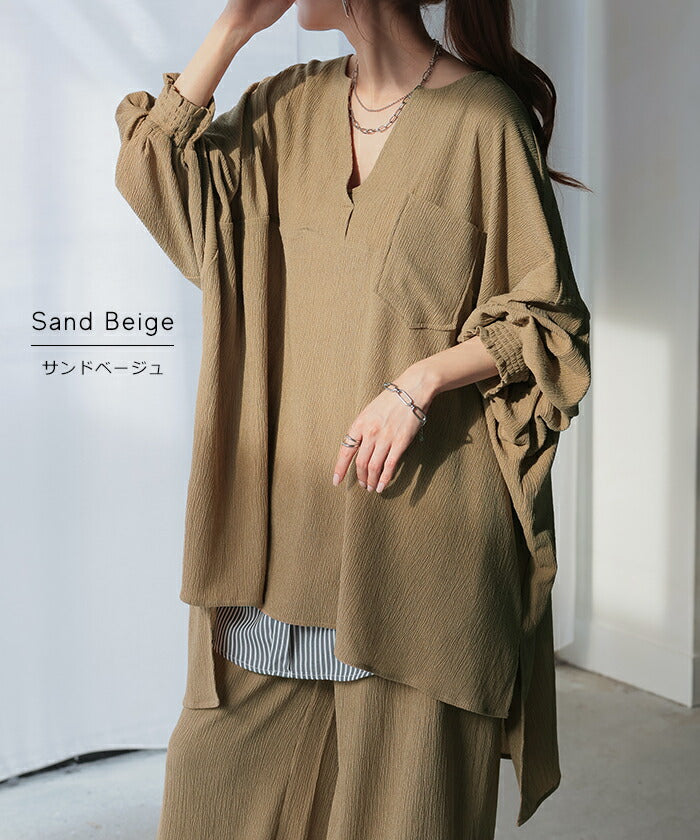シャツ 楊柳 ブラウス スキッパー レディース Vネック トップス ロング