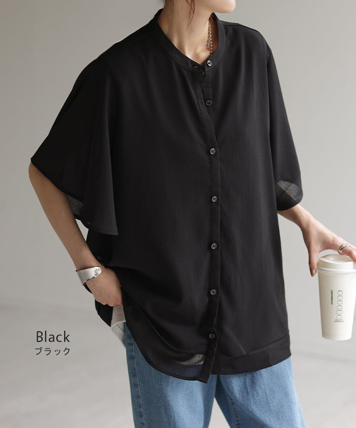 シャツ 楊柳 ノーカラー レディース トップス シアー ロング