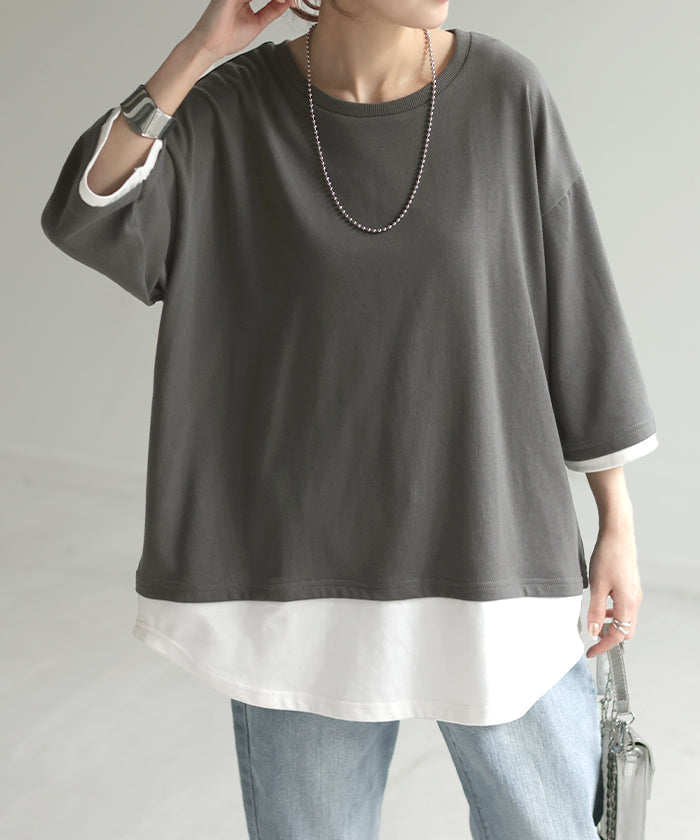 Tシャツ レイヤード 風 カットソー 重ね着 二の腕カバー