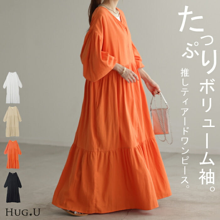 美品　アマカ　綿麻　ボリュームスリーブ　フレアロングワンピース　オレンジ ワンピース ティアード ロング 綿100 レディース ボリューム ロング
