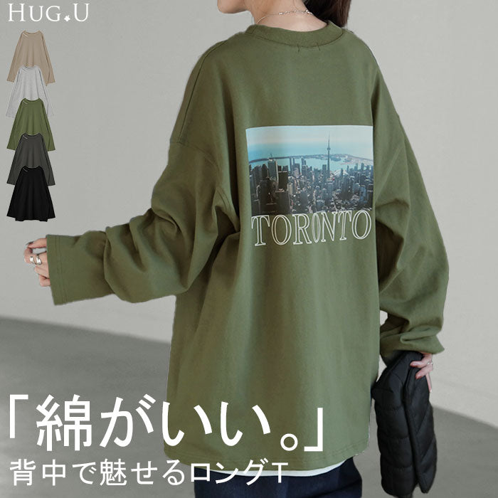 ロンT プリント レディース カットソー 長袖 Tシャツ 綿100 ロング ロゴ ロゴT バックプリント チュニック 大きいサイズ きれいめ ゆる トップス Uネック 長い ティーシャツ 体型カバー フォトプリント おしゃれ お尻が隠れる 黒 白 春 夏 HUG.U