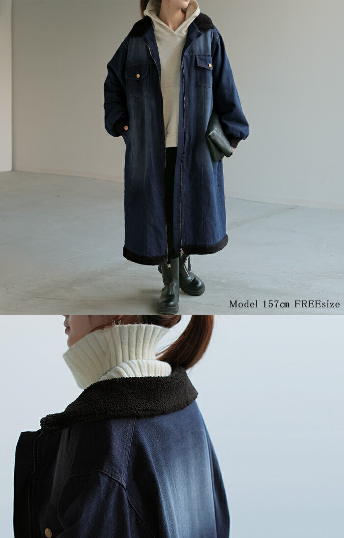 コート デニム 裏 ボア レディース アウター 無地 長袖 ステンカラー