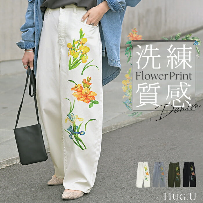 パンツ デニム チノ 花柄 レディース ワイドパンツ ワイド デニム