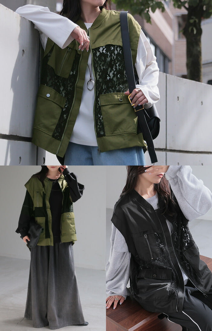ベスト ジレ レース レディース トップス アウター ノーカラー Vネック