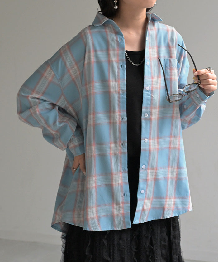 シャツ チェック柄 レディース トップス チェック チェックシャツ チェック柄シャツ 柄 ロング ブラウス ロングシャツ チュニック 長袖 薄手 羽織 ライトアウター ゆったり カジュアル 大きいサイズ 体型カバー お尻が隠れる 青 黒 春 夏 HUG.U / ライトブルー×コーラルオレンジ / フリーサイズ(F)