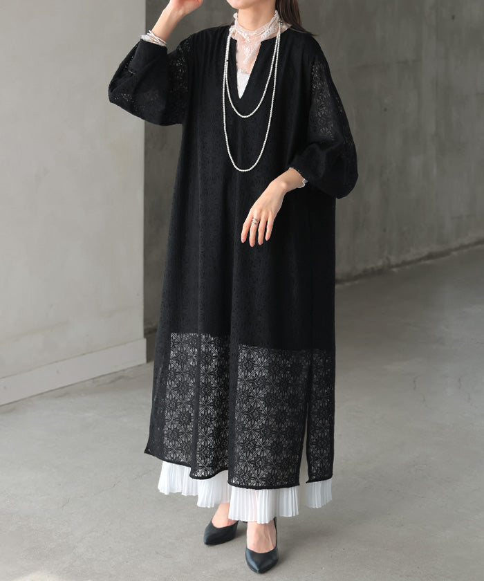 ワンピース 総 レース ロング 長袖 ワンピ 花柄 ダイヤ 透かし編み