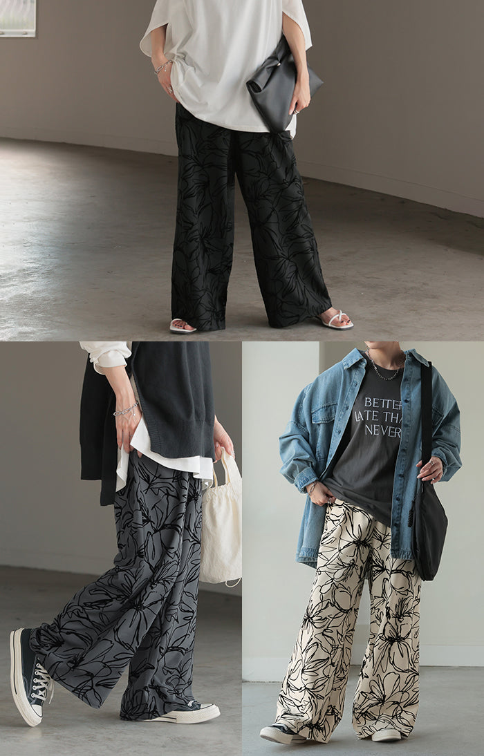 パンツ ワイド 花柄 レディース ワイドパンツ フロッキー 太い