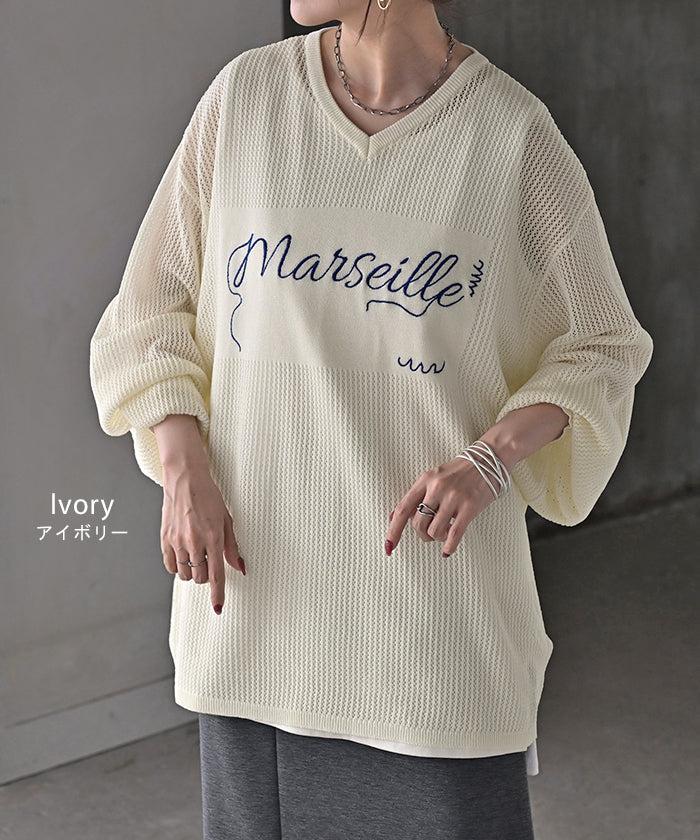 ニット ロゴ 刺繍 レディース 透かし編み トップス セーター