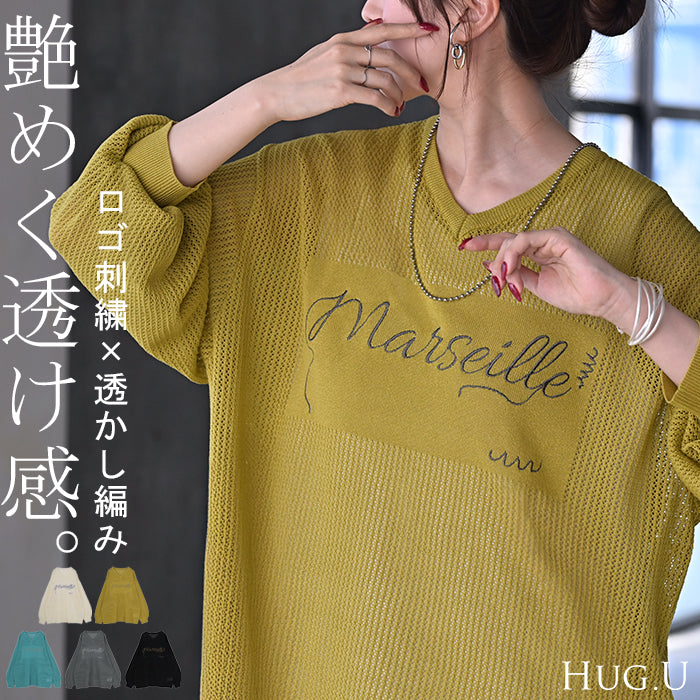 ニット ロゴ 刺繍 レディース 透かし編み トップス セーター