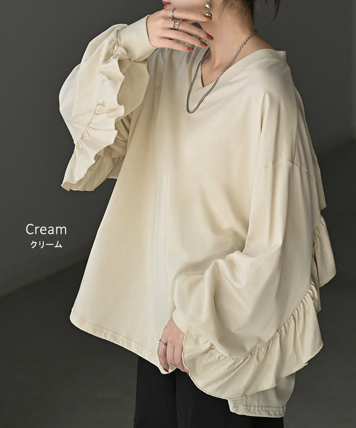 ロンT Vネック フリル トップス レディース 長袖 Tシャツ ロング