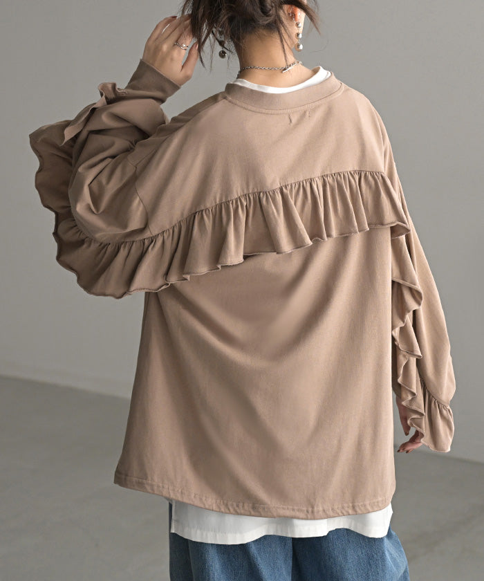 ロンT Vネック フリル トップス レディース 長袖 Tシャツ ロング