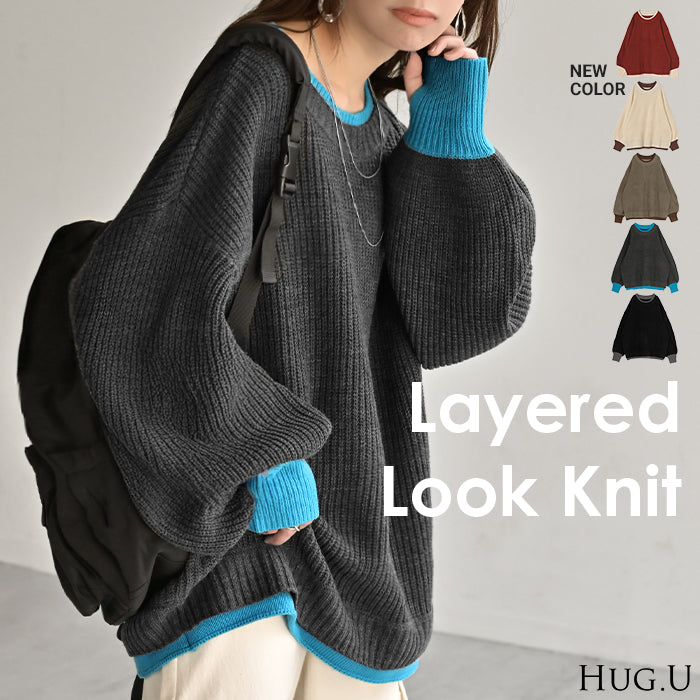 2025AW新作 ニット バイカラー リブ編み ■一部1月中旬入荷 レディース トップス セーター プルオーバー 長袖 配色 ボリュームスリーブ クルーネック サムホール リブ ストレッチ チクチクしない ゆったり 体型カバー 大きいサイズ お尻が隠れる カジュアル 黒 グレー 秋 冬 HUG.U