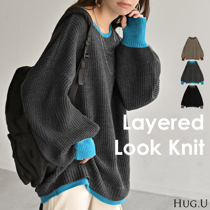 2025AW新作 ニット バイカラー ■11月中旬入荷 リブ編み レディース トップス セーター プルオーバー 長袖 配色 ボリュームスリーブ クルーネック サムホール リブ ストレッチ チクチクしない ゆったり 体型カバー 大きいサイズ お尻が隠れる カジュアル 黒 グレー 秋 冬 HUG.U