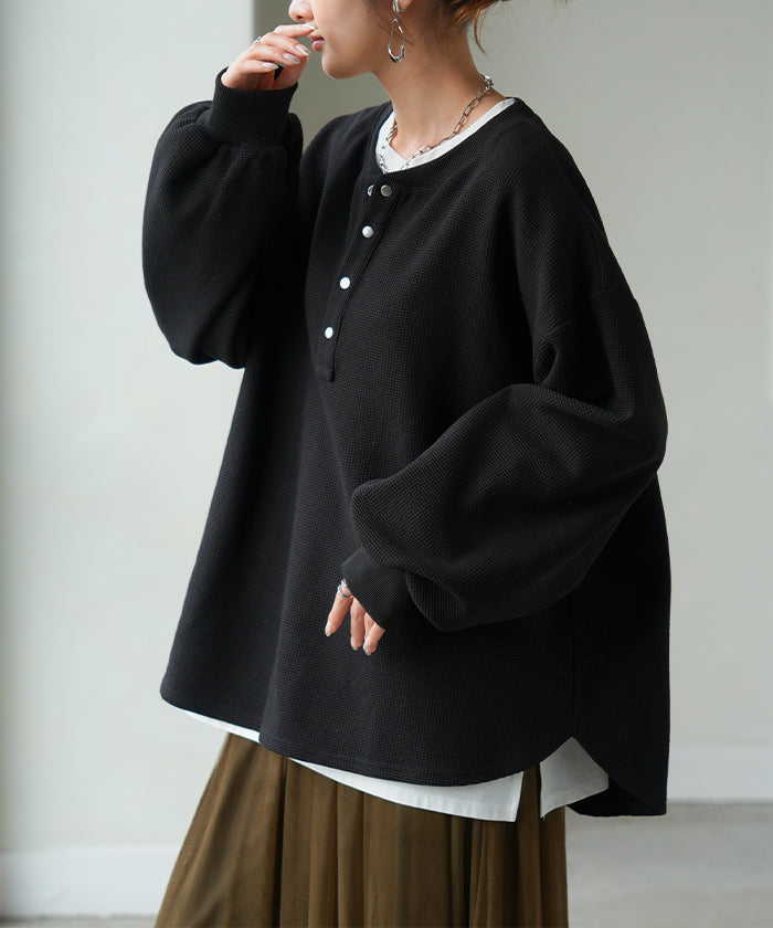 ロンT ワッフル レディース トップス ロング Tシャツ ヘンリーネック