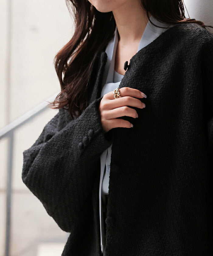 ジャケット ノーカラー ツイード ドルマン ワイド レディース ロング