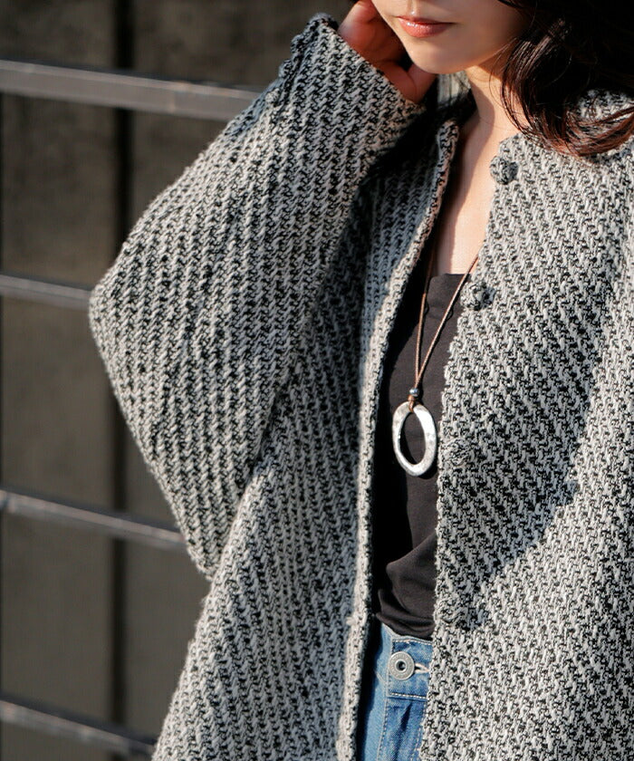 ジャケット ノーカラー ツイード ドルマン ワイド レディース ロング