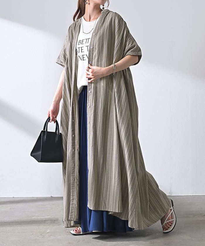 ワンピース ストライプ シャツ リネン 混 キーネック シャツワンピース